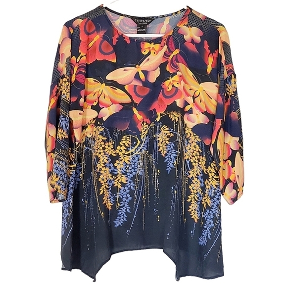 Citron Tops - 1003 * Citron Santa Monica 100% Silk Butterfly Print Blouse Lightweight Size S
